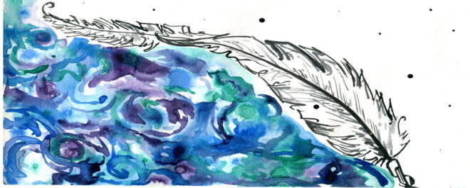 Virtual writing center header image; blue, purple, and green art with feather quill