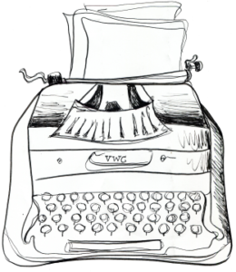A stylized drawing of a typewriter with several pages sticking out that the letters "VWC" in the typing window
