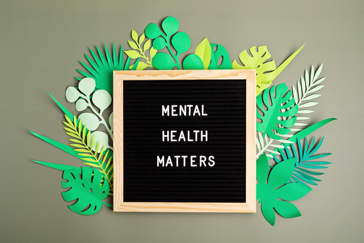 Mental health matters motivational quote on the letter board. Inspiration psychological text with paper cut leaves. Flat lay, top view