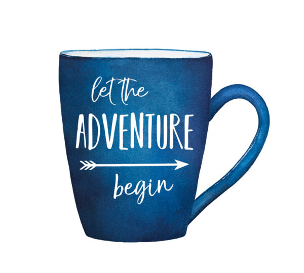 Let the adventure begin, written on a blue coffee mug