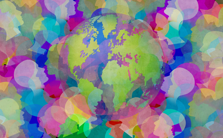 The planet in blues, greens, and purples surrounded by silhouettes of people.