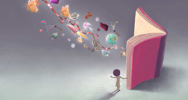 A figure stands next to a book, as numerous objects emerge from it, illustrating a magical and imaginative moment.