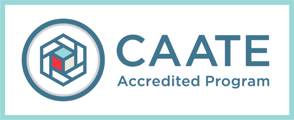 Logo for the Commission on Accreditation of Athletic Training Education. Text in blue saying "CAATE Accredited Program" with the geometric logo in a circle.