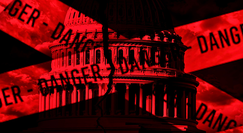 Image of the U.S. Capitol building featuring red and black text overlay, emphasizing its iconic architecture.