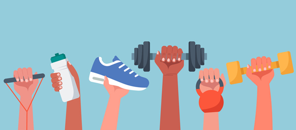 Hands gripping dumbbells beside a pair of athletic shoes, symbolizing fitness and strength training.