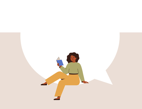 Illustration of woman reading while sitting. She is holding a blue book and wearing a green top and dark yellow pants.