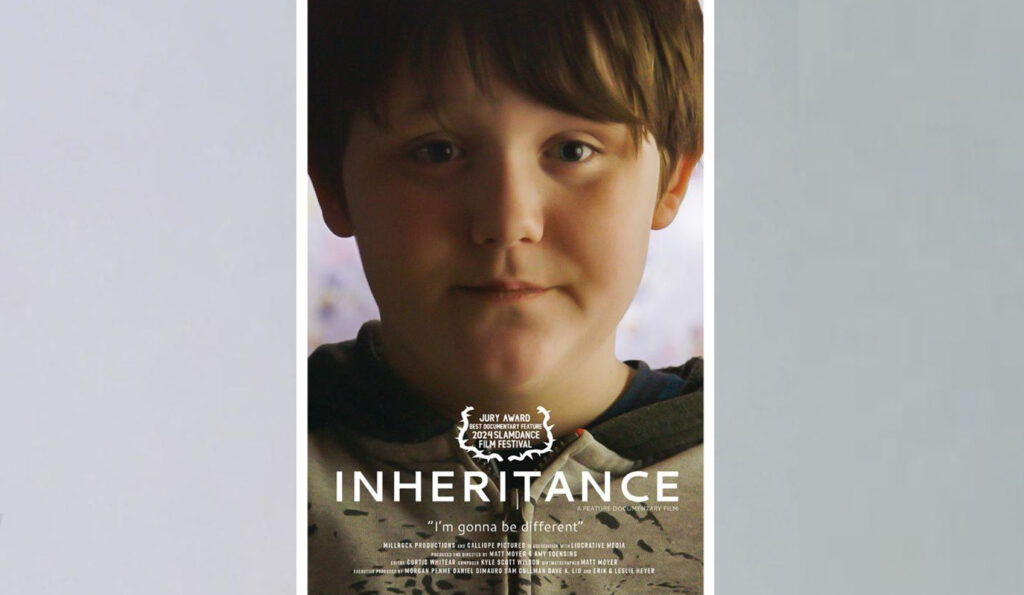 A screenshot of the cover image for the film "Inheritance" featuring a young white male and the title in block letters